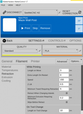 retraction config in mattercontrol