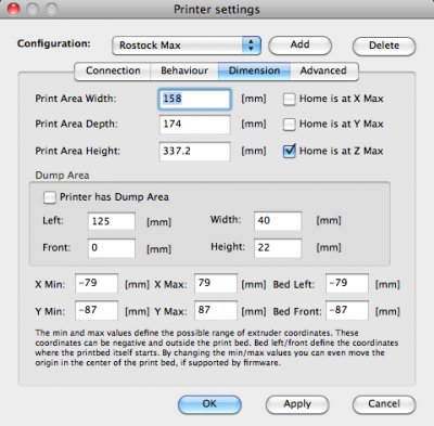 PrinterSettings.png (62.81 KiB) Viewed 8280 times Repetier: Printer Settings, Dimension tab